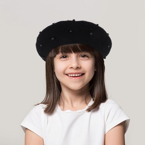 PartyKindom Pearl-Inspired Beret Hat for Fall and Winter, Black 50-52cm Outdoor Travel Casual Cap, Warm Girl Artist Beret for Babies in Saudi Arabia