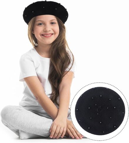 PartyKindom Pearl-Inspired Beret Hat for Fall and Winter, Black 50-52cm Outdoor Travel Casual Cap, Warm Girl Artist Beret for Babies in Saudi Arabia