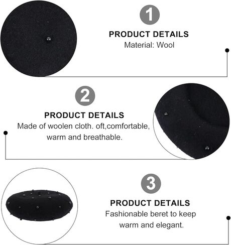 PartyKindom Pearl-Inspired Beret Hat for Fall and Winter, Black 50-52cm Outdoor Travel Casual Cap, Warm Girl Artist Beret for Babies in Saudi Arabia