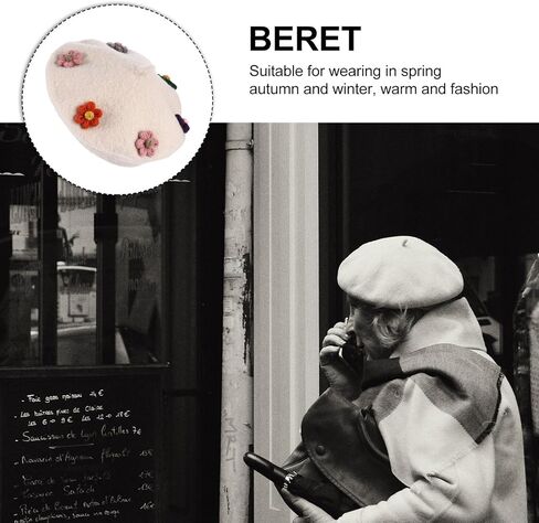 ’s Woollen Beret Hat with Flower Accent, Warm Beige Painter Cap, Autumn Winter ’ Fashion Beanie in Saudi Arabia
