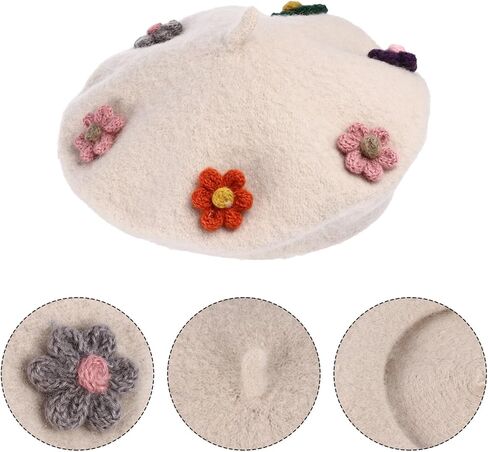 ’s Woollen Beret Hat with Flower Accent, Warm Beige Painter Cap, Autumn Winter ’ Fashion Beanie in Saudi Arabia