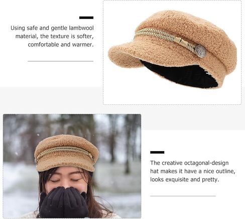 ARTIBETTER Women’s Octagonal Lambwool Hat Winter Warm Beige Stylish Beret with Chain Accent for Casual and All-Match Outfits in Saudi Arabia