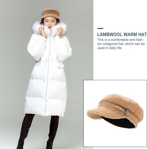 ARTIBETTER Women’s Octagonal Lambwool Hat Winter Warm Beige Stylish Beret with Chain Accent for Casual and All-Match Outfits in Saudi Arabia