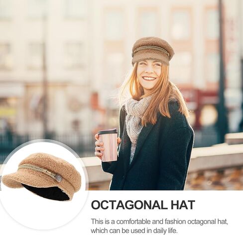 ARTIBETTER Women’s Octagonal Lambwool Hat Winter Warm Beige Stylish Beret with Chain Accent for Casual and All-Match Outfits in Saudi Arabia