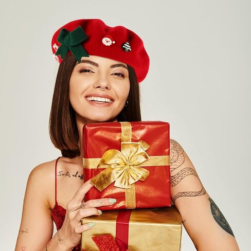 BESTonZON Christmas Beret Hat for Women Wool Beret Cap with Bowknot Warm Winter Artist Style Hat for Holiday and Family Matching Red in Saudi Arabia
