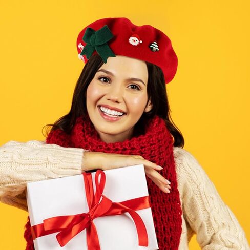 BESTonZON Christmas Beret Hat for Women Wool Beret Cap with Bowknot Warm Winter Artist Style Hat for Holiday and Family Matching Red in Saudi Arabia
