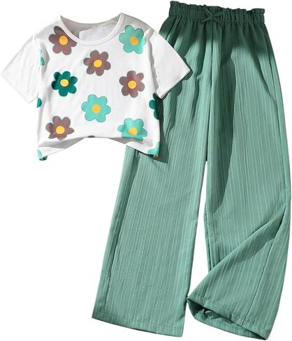 Girl's 2 Piece Outfits Floral Graphic Tees and Ribbed Knit Pants Summer Outfits in Saudi Arabia