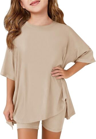 Haloumoning Girls Summer Outfits Casual Lounge Set Kids Oversized Side Split Shirts and Biker Shorts 2 Piece Clothing Sets in Saudi Arabia
