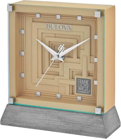 Bulova Ennis Table Clock B7755 | 7″ Frank Lloyd Wright Mayan Revival Resin Case with Washed Ash Base | Silent Sweep Quartz Movement | Battery Operated | Architectural Accent Piece in Saudi Arabia