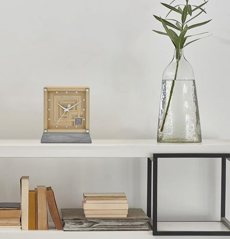 Bulova Ennis Table Clock B7755 | 7″ Frank Lloyd Wright Mayan Revival Resin Case with Washed Ash Base | Silent Sweep Quartz Movement | Battery Operated | Architectural Accent Piece in Saudi Arabia