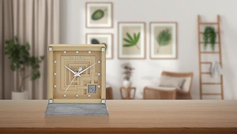 Bulova Ennis Table Clock B7755 | 7″ Frank Lloyd Wright Mayan Revival Resin Case with Washed Ash Base | Silent Sweep Quartz Movement | Battery Operated | Architectural Accent Piece in Saudi Arabia