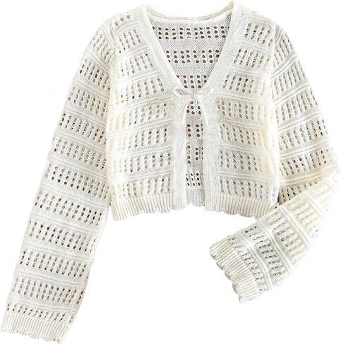 GORGLITTER Girl's Crochet Cropped Cardigan Knit Tie Front Tops Cute Long Sleeve Bolero Shrug Lightweight Sweaters Trendy in Saudi Arabia
