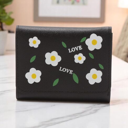 1Pcs Pouch for Money Floral Print Card Holder PU Leather Black 11.5x9cm in Saudi Arabia