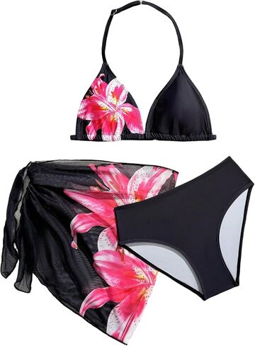 Girls' Floral Cute 3 Piece Bikinis for Teens Swimsuit Halter Bathing Suit with Coverup in Saudi Arabia