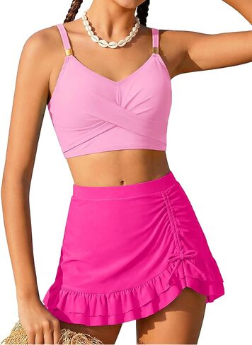 Girls 2 Piece Swimsuit Cute Teen Bikini Set with Adjustable V-Neck Top & Ruffle Swim Dress for Tween Girls 7-16Y in Kuwait