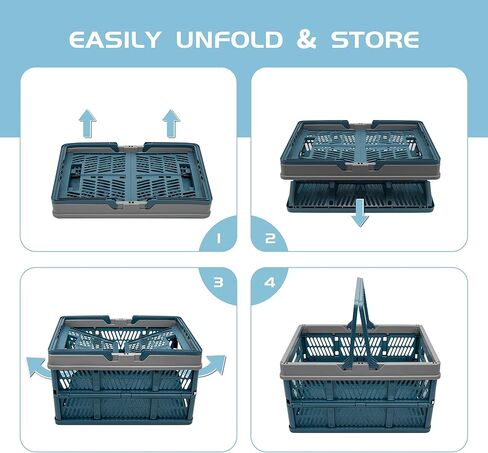 Crates for Storage, Collapsible Plastic Basket for Organizing, Shopping and Storage, 24L Foldable Crate with Handles, Deepblue in Saudi Arabia