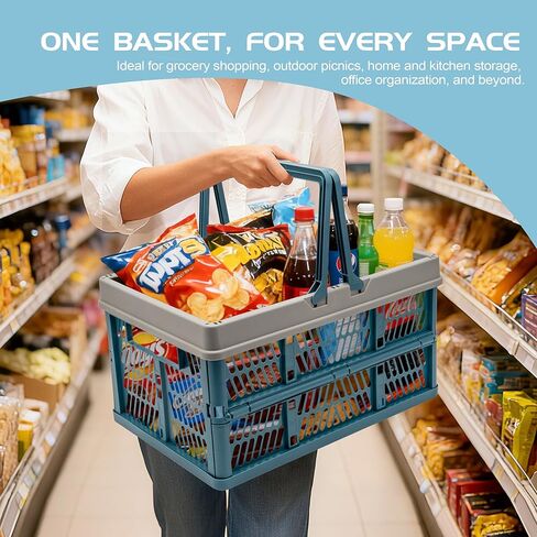 Crates for Storage, Collapsible Plastic Basket for Organizing, Shopping and Storage, 24L Foldable Crate with Handles, Deepblue in Saudi Arabia