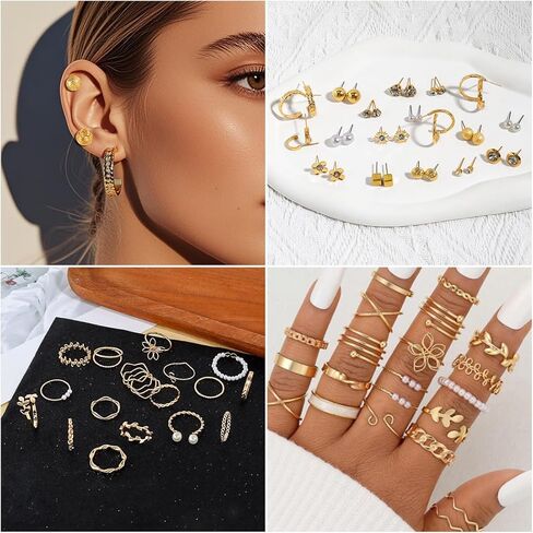 HaHaGirl طقم أساور سلسلة ذهبية و3 قطع سلسلة ذهبية قلادة 6 أزواج أقراط 10 قطع خواتم للنساء والفتيات in Kuwait