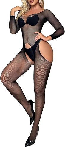 Women's Sexy Mesh Bodystocking Fishnet Lingerie One Piece Jumpsuit Long Sleeve Bodysuits Underwear Nightwear in Saudi Arabia