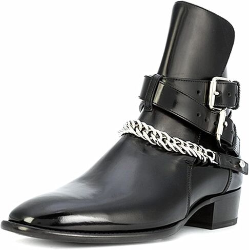 Santimon Men’s Top-Grain Leather Dress Casual Rockstar Harness Boots, Pointed Toe Chain Ankle Chelsea Western Boots with Double Buckle Strap for Concert, Stage, Party, Night Out in Saudi Arabia