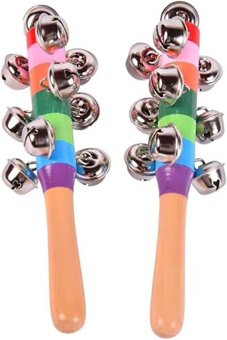 2 حزمة ألوان زاهية بألوان قوس قزح مقبض أجراس خشبية جلجل عصا شاكر حشرجة الموت 10 أجراس جلجل جرس موسيقي تفاعلي in Kuwait