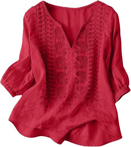 بلوزات مطرزة للنساء سبعة أرباع الأكمام القطن قميص كتان Losse الخامس الرقبة القمم 2026 الربيع الشاش الملابس in Kuwait