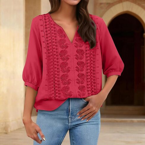 Embroidered Tops for Women Seven Quarter Sleeves Cotton Linen Shirts Losse V Neck Tops 2026 Spring Gauze Clothes in Saudi Arabia