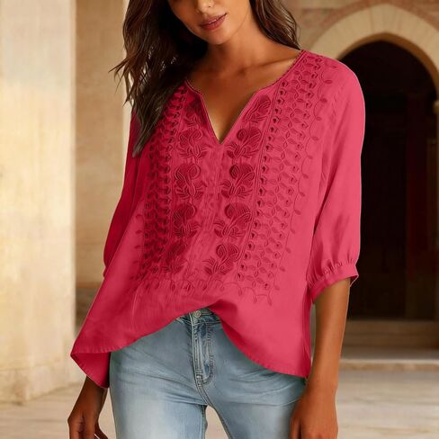 Embroidered Tops for Women Seven Quarter Sleeves Cotton Linen Shirts Losse V Neck Tops 2026 Spring Gauze Clothes in Saudi Arabia