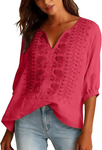 Embroidered Tops for Women Seven Quarter Sleeves Cotton Linen Shirts Losse V Neck Tops 2026 Spring Gauze Clothes in Saudi Arabia