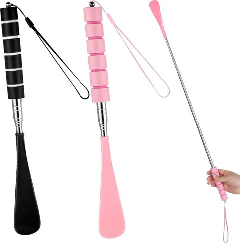 2 Pack Retractable Stainless Steel Long Handle Shoe Horn, Telescopic Foldable Shoehorn for Seniors/Pregnant Women, Extended Boot Horn for Cowboy Boots, Metal Travel Shoe Helper (Black/Pink) in Saudi Arabia