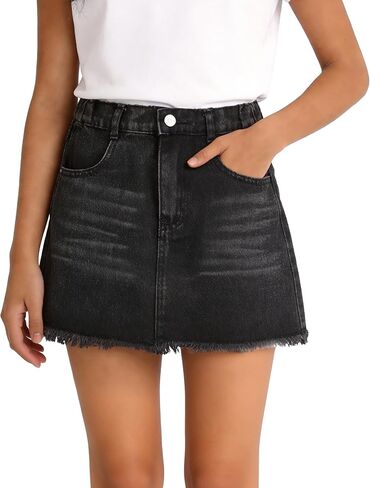 PATPAT Denim Skirt for Girls 5-14 Years, A-Line Mid Waist Mini Jean Skirt with Elastic Waistband & Frayed Hem in Saudi Arabia