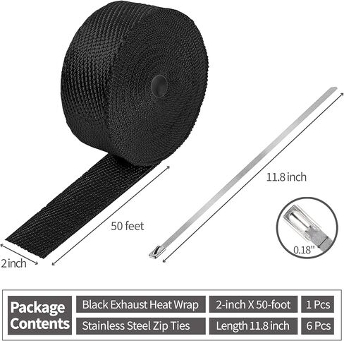 2 Inch x 50 Ft Fiberglass Exhaust Heat Wrap Roll with Stainless Ties for Motorcycle，Black in Saudi Arabia