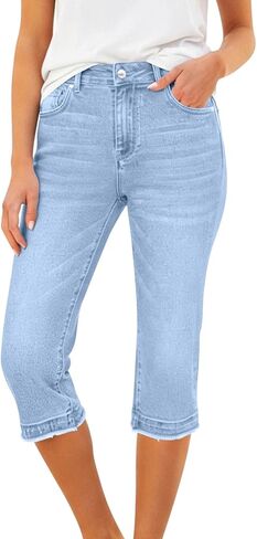 LRMQS Womens Capris for Summer Trendy Straight Leg High Waisted Stretch Capri Jeans Casual Cropped Denim Pants with Pockets in Saudi Arabia