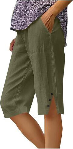 Linen Capri Pants for Women Knee Length Cotton Linen Capris Summer Straight Leg Loose Beach Bermuda Shorts with Pocket in Saudi Arabia