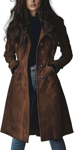 utcoco Womens Long Suede Trench Coat Single Breasted Leather Trench Overcoat with Pocket in Saudi Arabia
