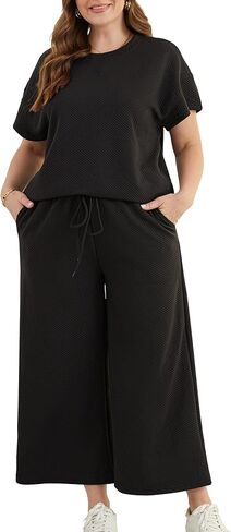 Womens Plus Size Lounge Sets 2 Piece Casual Short Sleeve Tops Wide Leg Pants Comfort Sweat Suit(L-5XL) in Saudi Arabia