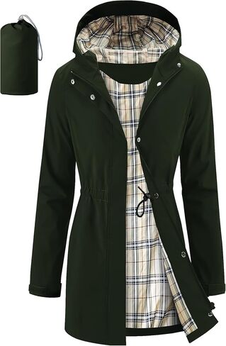 iCreek Women's Rain Jacket Packable Long Raincoat Hooded Plaid Lined Trench Coat Waterproof Windproof Lightweight for Outdoor in Kuwait