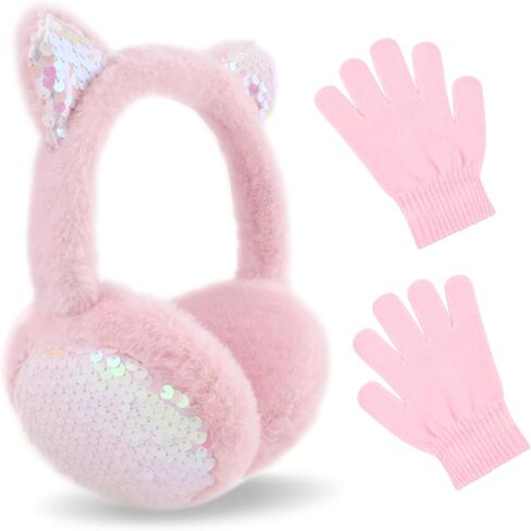 Cute Cat Earmuffs with Gloves, Adjustable Girl Boy Ear Warmer, Sequins Ear Covers, Kid Ear Protection, Warm Ear Muffs in Saudi Arabia