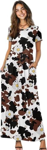 Women's Plus Size Crewneck Maxi Dress Loose Casual Short Sleeve High Waist A-Line Long Dress with Pockets S-4XL in Saudi Arabia
