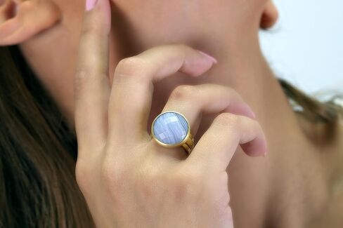 Blue Lace Agate Gold Ring - Brushed Gold Bezel - Vintage Agate Gemstone - Perfect Birthday Present - 14k Fashion Ring in Saudi Arabia