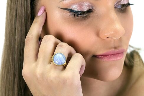 Blue Lace Agate Gold Ring - Brushed Gold Bezel - Vintage Agate Gemstone - Perfect Birthday Present - 14k Fashion Ring in Saudi Arabia