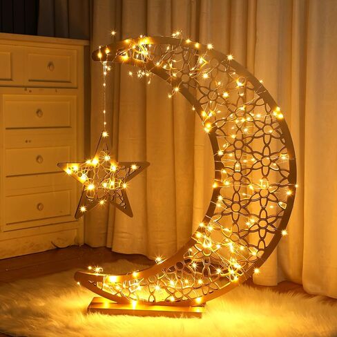 ضوء رمضان، هلال القمر، ضوء النجمة، ديكور رمضان مبارك مع بطارية تعمل كهدية عيد مضاءة للمنزل، غرفة النوم، الفناء، ديكور خارجي إسلامي (27 × 23 بوصة، طراز حديث، خشب) in Kuwait