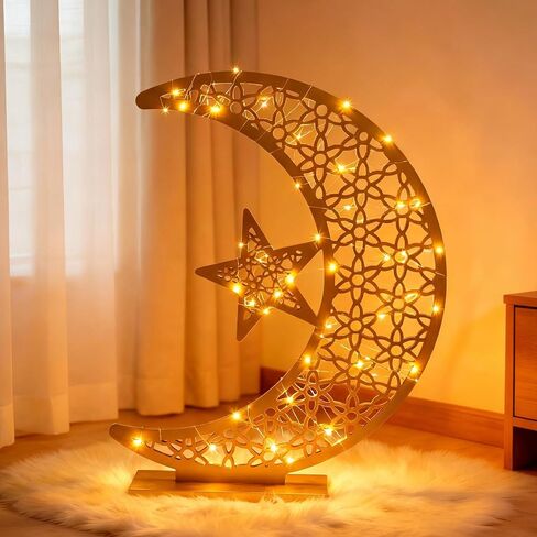 ضوء رمضان، هلال القمر، ضوء النجمة، ديكور رمضان مبارك مع بطارية تعمل كهدية عيد مضاءة للمنزل، غرفة النوم، الفناء، ديكور خارجي إسلامي (27 × 23 بوصة، طراز حديث، خشب) in Kuwait