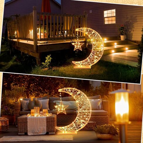 ضوء رمضان، هلال القمر، ضوء النجمة، ديكور رمضان مبارك مع بطارية تعمل كهدية عيد مضاءة للمنزل، غرفة النوم، الفناء، ديكور خارجي إسلامي (27 × 23 بوصة، طراز حديث، خشب) in Kuwait