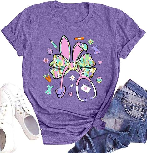 Easter Nurse Shirts for Women Easter T Shirt Bunny Rabbit Graphic Tee Stethoscope Short Sleeve Nurse Tops in Saudi Arabia