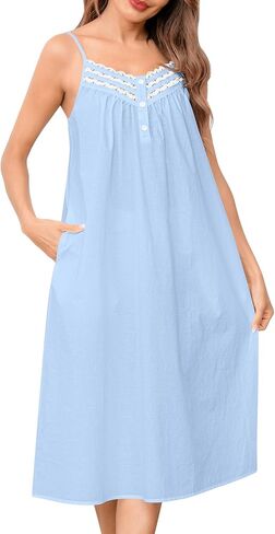SWOMOG 100% Cotton Nightgowns for Women Lace Nightgown Sleeveless Sleep Dress Victorian Sleepshirt Button Strap Gown in Saudi Arabia