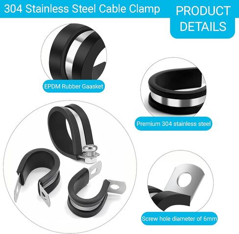 20PCS 1 inch Cable Clamps,25mm 304 Stainless Steel Pipe Clamps,Rubber Coated P Clamps,Automotive Cable Wire Clamps,Metal Clamp for Tube,Lines,Wire Cord Installation in Saudi Arabia