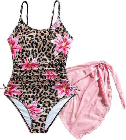 بدلة سباحة SHENHE للفتيات قطعة واحدة مع تنورة مغطاة بطبعة زهور الفهد، بدلة استحمام مكشكشة in Kuwait