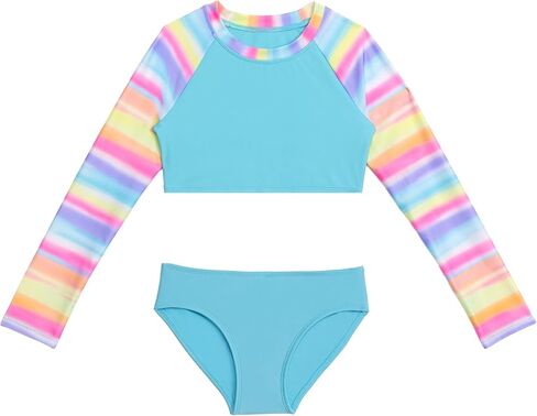 Aqua Green Girls Longsleeve Swimsuit Cropped Rashguard and Swim Bottom 2-Piece Set in Saudi Arabia