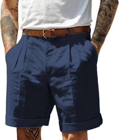 Men's Linen Shorts Pleat-Front Casual Straight Dress Pants Summer Lightweight Quick Dry Breathable Beach Shorts in Saudi Arabia